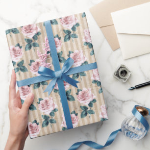 Papel De Regalo Rayas amarillas y Rosas de té rosado en todas las