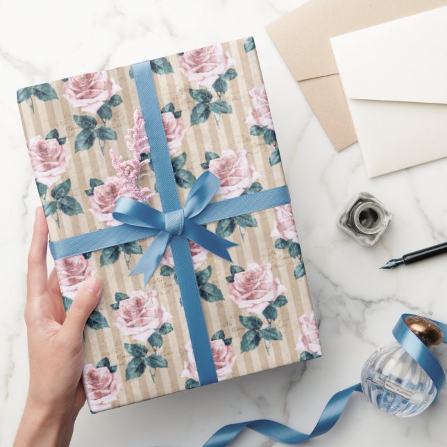 Papel De Regalo Rayas amarillas y Rosas de té rosado en todas las  (Regalar)