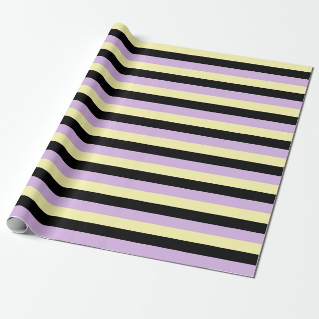 Papel De Regalo Rayas amarillo pálido, negro y morado suave (Desenrollado)