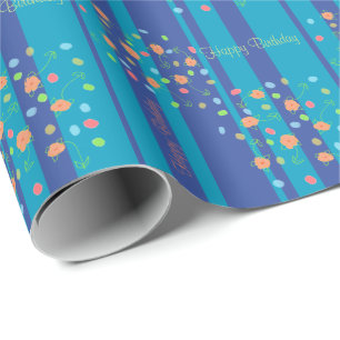 Papel De Regalo Rayas Azules Con Pequeña Flora De Engranaje