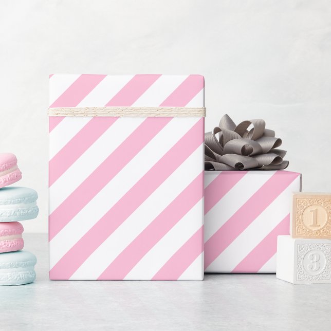 Papel De Regalo Rayas Blancas Rosadas Texto Dorado Cumpleaños Navi (Pink White Stripes Gold Text Christmas Birthday Wrapping Paper)