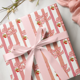 Papel De Regalo Rayas Blancas y Rosadas Fresa Cumpleaños 1 Fresa