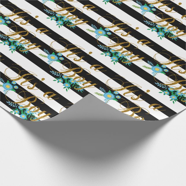 Papel De Regalo Rayas blancos y negros elegantes con floral azul (Esquina)