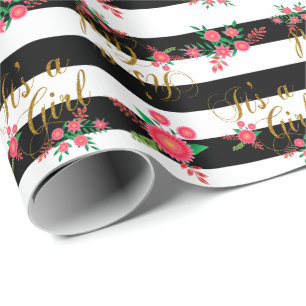 Papel De Regalo Rayas blancos y negros elegantes con floral rosado