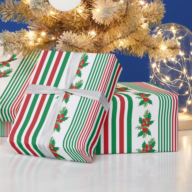 Papel De Regalo Rayas clásicas con holly (Vacaciones)