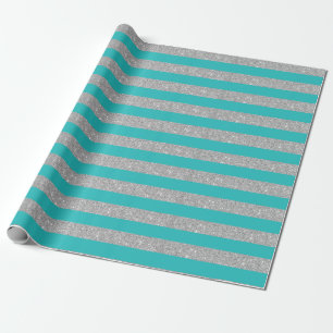 Papel De Regalo Rayas de brillo de plata y aqua turquesa