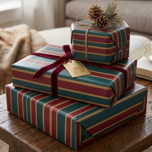Papel De Regalo Rayas de caramelo de Navidad verdes rojas y dorada