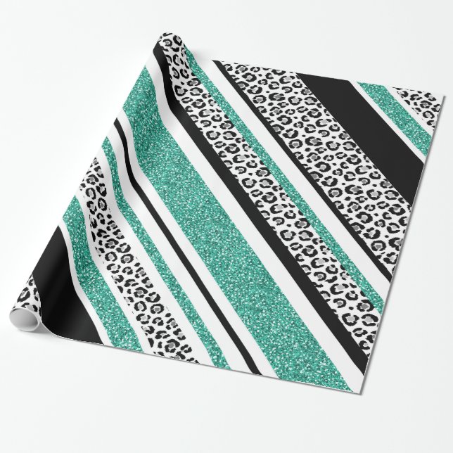 Papel De Regalo Rayas de impresión de leopardo purpurina azul (Desenrollado)