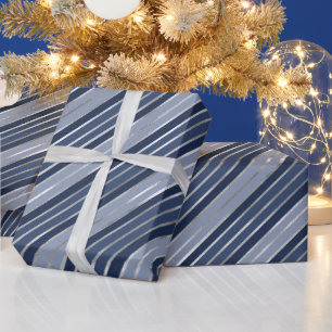 Papel De Regalo Rayas de Navidad con Hojas de Plata y Azul de Fies