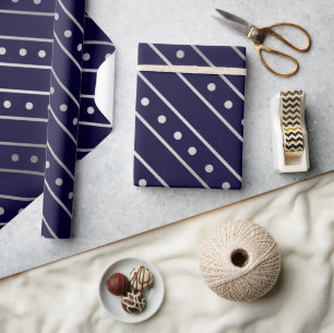Papel De Regalo Rayas de Navidad Elegantes Azul y Plata con Hojala