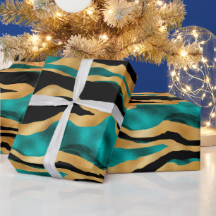 Papel De Regalo Rayas de tigre azul verde dorado   Animal abstract
