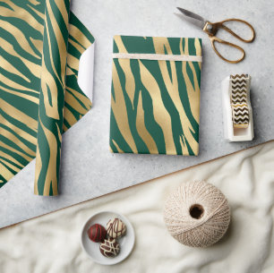 Papel De Regalo Rayas de tigre salvaje verdes y doradas con estilo