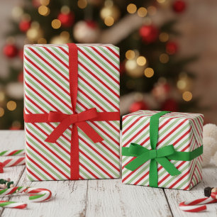 Papel De Regalo Rayas diagonales festivas de Navidad en rojo, verd