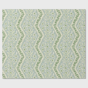 Papel De Regalo Rayas florales verde y espuma de mar, vid en zigza