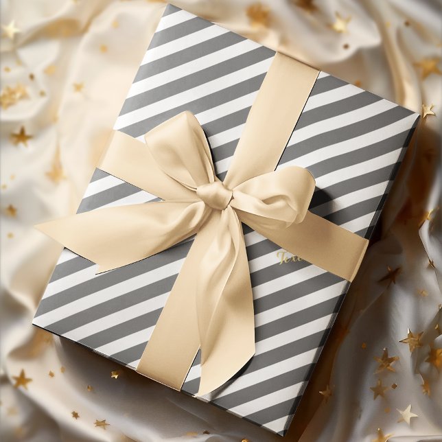 Papel De Regalo Rayas grises blancas Texto dorado Navidad Cumpleañ (White Gray Stripes Gold Text Christmas Birthday Wrapping Paper)