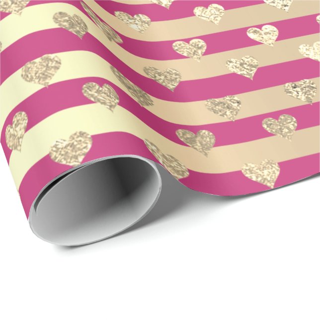Papel De Regalo Rayas Líneas Corazón Champaigne Oro Fuchsia Rosa (Esquina del rollo)