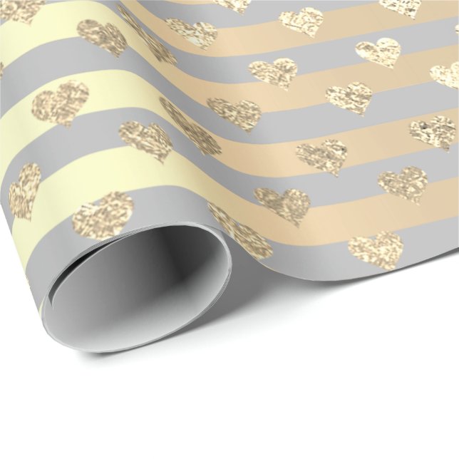 Papel De Regalo Rayas Líneas Corazón Champaigne Oro Gris Lux (Esquina del rollo)
