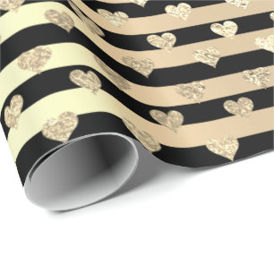 Papel De Regalo Rayas Líneas Corazones Champaigne Oro Negro
