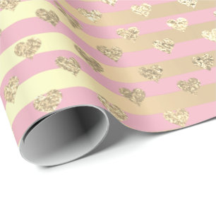 Papel De Regalo Rayas Líneas Corazones Champaigne Pastel rosa Oro
