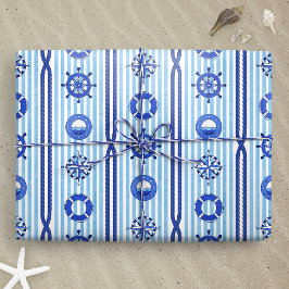 Papel De Regalo Rayas náuticas azules con motivos marítimos