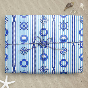 Papel De Regalo Rayas náuticas azules con motivos marítimos