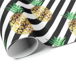 Papel De Regalo Rayas negras blancas fruta tropical piña oro