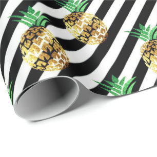 Papel De Regalo Rayas negras blancas fruta tropical piña oro