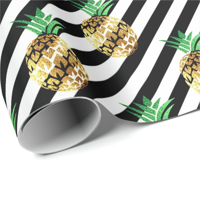 Papel De Regalo Rayas negras blancas fruta tropical piña oro (Esquina del rollo)