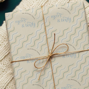 Papel De Regalo Rayas onduladas beige y azul pastel Feliz Navidad