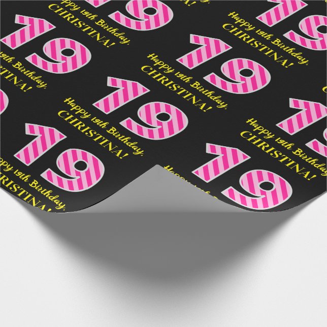 Papel De Regalo Rayas rosadas "19" de la diversión; Diecinueveavo (Esquina)