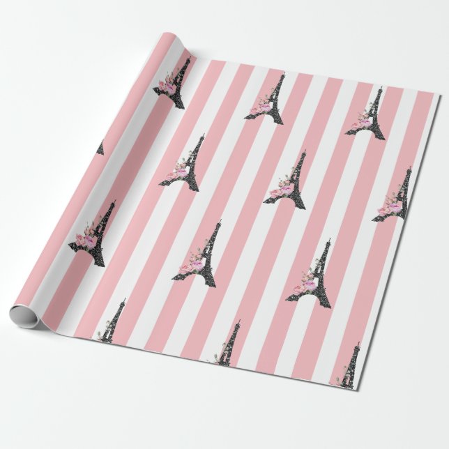 Papel De Regalo Rayas rosadas tema torre Eiffel París bleck (Desenrollado)