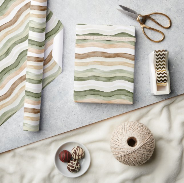 Papel De Regalo Rayas Verdes Crema Marrón (Artesanía)
