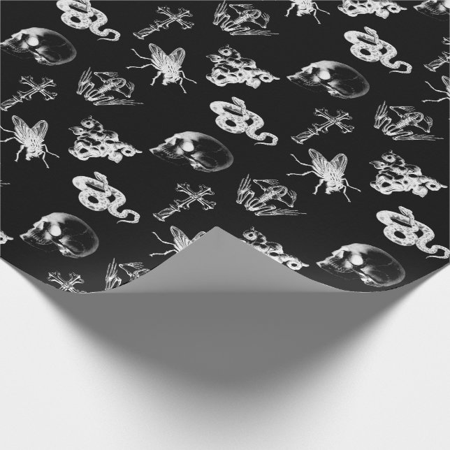 Papel De Regalo Rayos X Skulls Snakes cruza Halloween Blanco Negro (Esquina)
