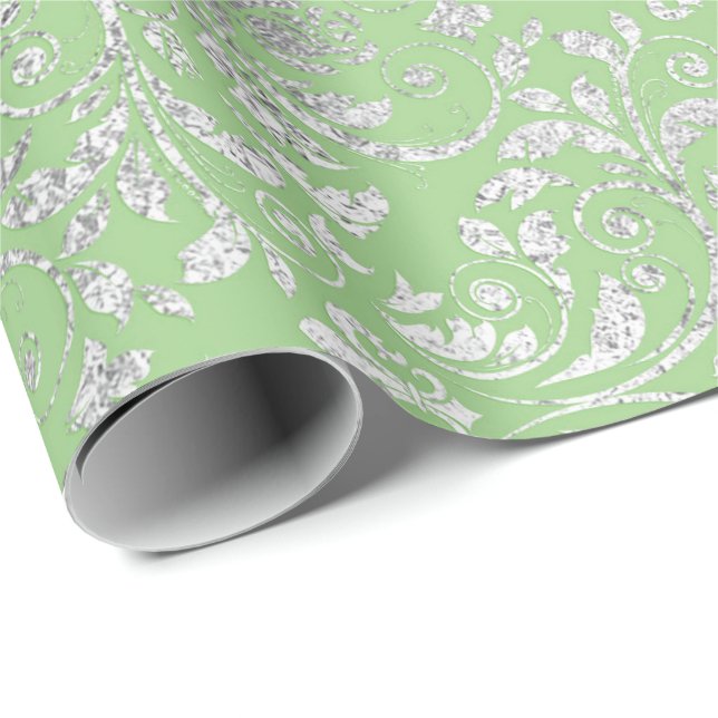 Papel De Regalo Real Boda Damask Mint Green Silver Vip (Esquina del rollo)