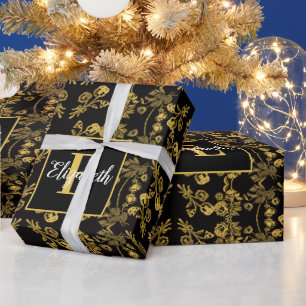Papel De Regalo Real Negro y Dorado Damask Floral Nombre Personali