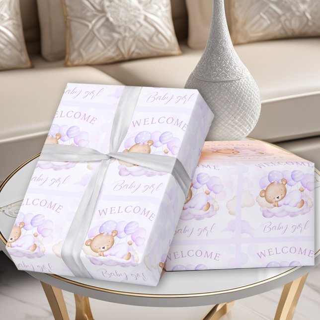 Papel De Regalo Recién Nacida Niña Nombre Purple Lavender Bear (Newborn Baby Girl Name Purple Lavender Bear Wrapping Paper)