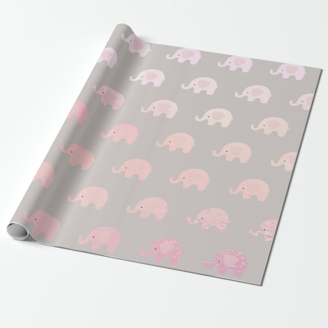 Papel De Regalo Recién nacido Elefante Princesa Pastel Gris Rosa (Desenrollado)