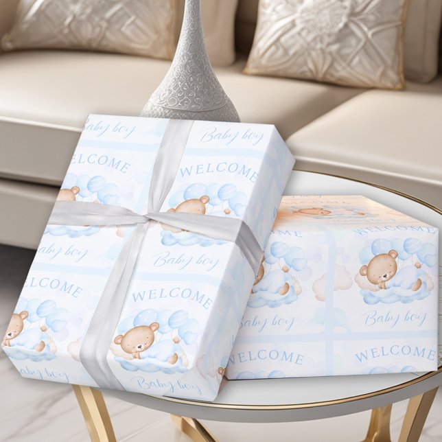Papel De Regalo Recién Nacido Nombra Oso Azul (Newborn Baby Boy Name Blue Bear Wrapping Paper)