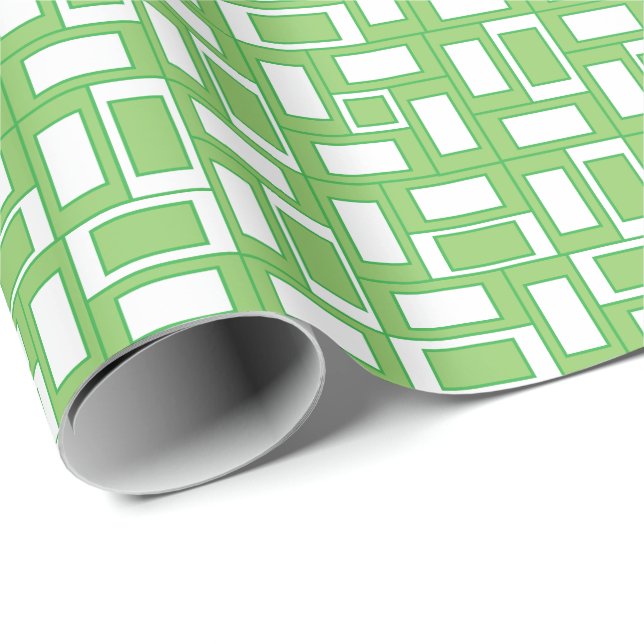 Papel De Regalo Rectángulos blancos verdes geométricos (Esquina del rollo)