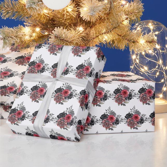 Papel De Regalo Red and Silver Elegant Flowers (Vacaciones)