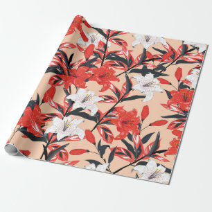 Papel De Regalo Red and white Lily flowers botanical seamless patt