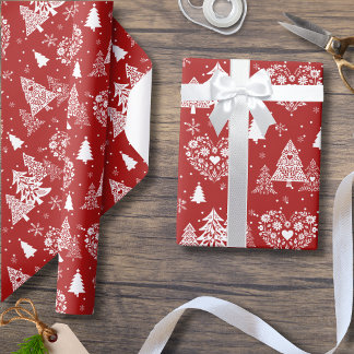 Papel De Regalo Red and White Scandinavian Heart & Christmas Tree