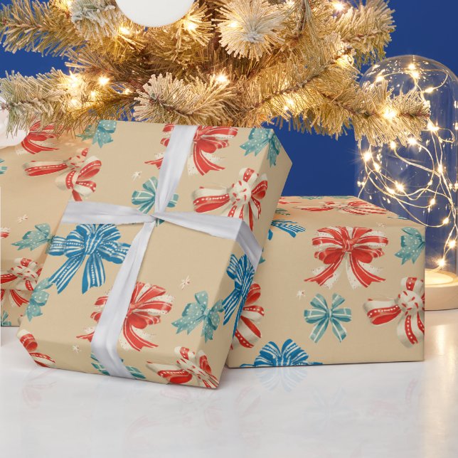 Papel De Regalo Red, Blue, Green, White Bow Pattern (Vacaciones)