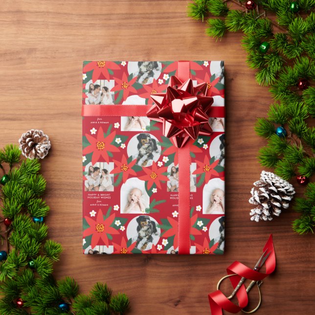 Papel De Regalo Red Bold Poinsettia Tres Navidades de fotografía (Regalo de vacaciones)