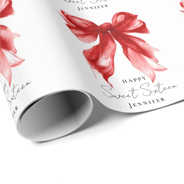 Papel De Regalo Red Bow Coquette Script Sweet 16 Party  (Esquina del rollo)