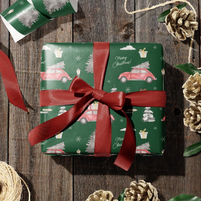 Papel De Regalo Red Car Winter Pattern Merry Christmas Green (Subido por el creador)