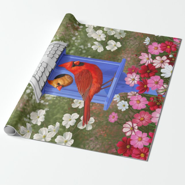 Papel De Regalo Red Cardinals Bird House Flower Garden (Desenrollado)