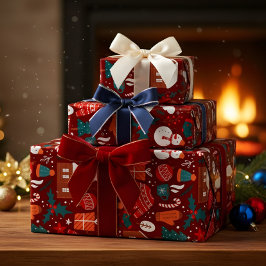 Papel De Regalo Red Christmas Gift Wrapping Paper with Festive Ico