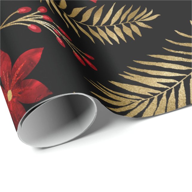 Papel De Regalo Red Fern Bunch Relieve metalizado Floral Purpurina (Esquina del rollo)