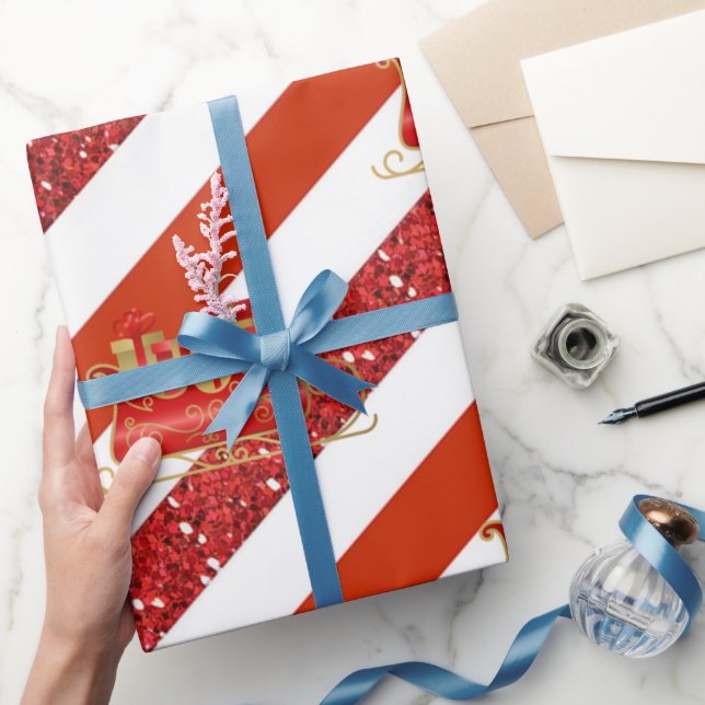 Papel De Regalo Red Glitter White Striped Christmas Sleigh (Regalar)